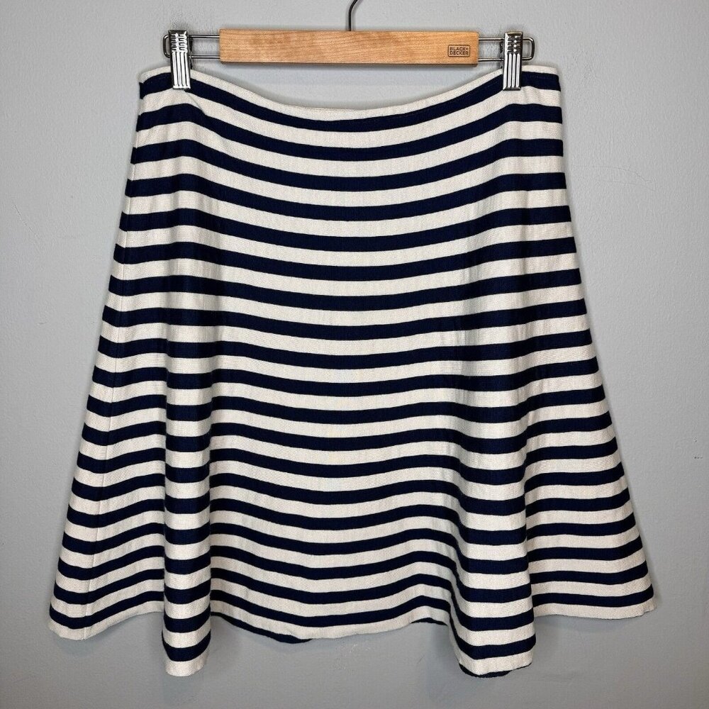 St. John Wool Blend Skirt Size 10 Navy Blue White Stripe A Line Nautical